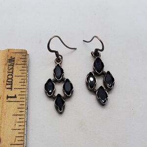 Sterling Silver and Black Glass Dangle Earrings 925